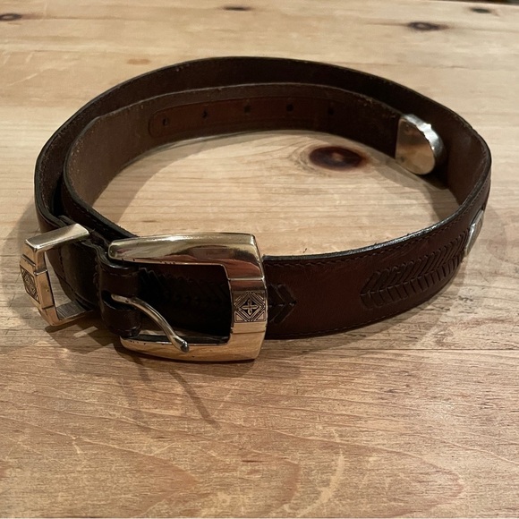 Onyx by Brighton Accessories - Onyx by Brighton leather belt silver embossed Western Boho Southwestern Aztec 34